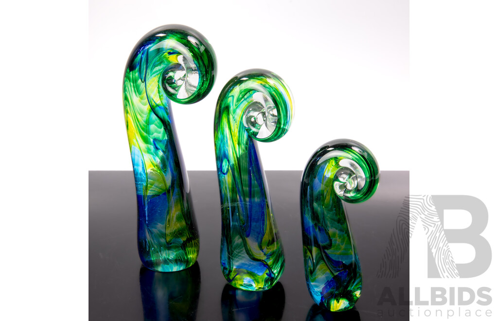 Three Hand Blown Studio Art Glass Koro Fern Shoots by Venus Hot Glass, New Zealand