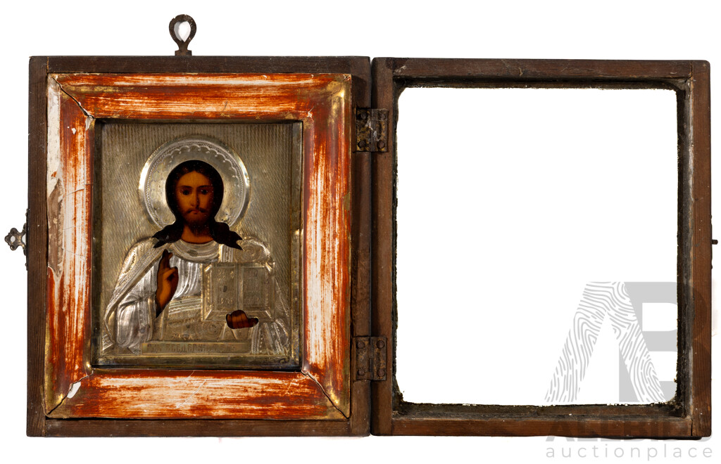 Artist Unknown (Mid-Late 19th Century), Christ Pantocrator, Beautiful Antique Russian Empire Orthodox Icon, Pressed Gilt & Silver Metal Riza & Wood, 19.5 x 17.5 cm (frame)