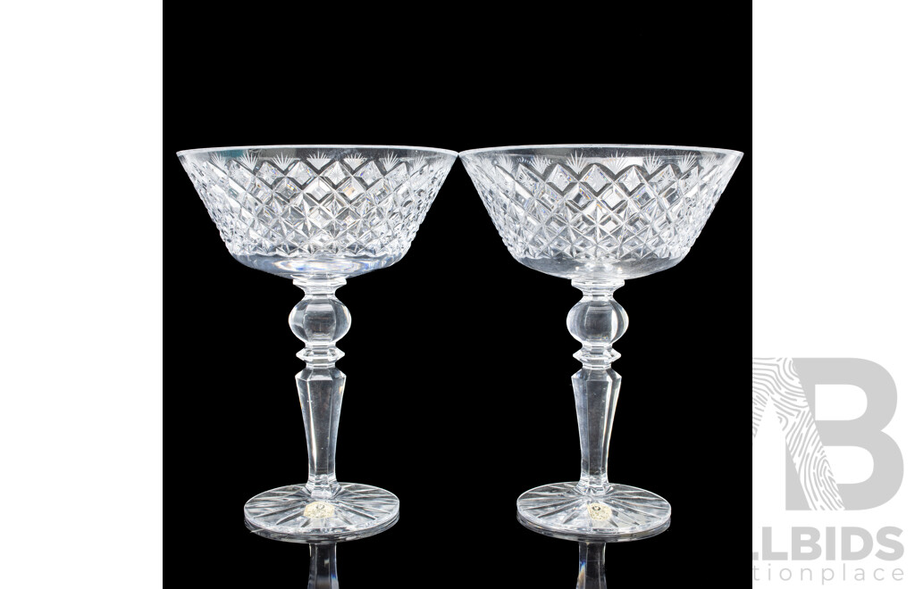 Rare Pair Antique USSR Gus Khrustalny Lead Crystal Exhibition Glasses with Octagonal Bases and Engraved Detail, Possibly Displayed at the Paris Exhibition 1900, with Original Labels