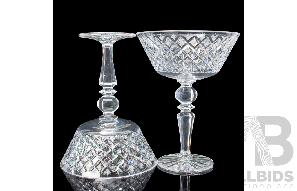 Rare Pair Antique USSR Gus Khrustalny Lead Crystal Exhibition Glasses with Octagonal Bases and Engraved Detail, Possibly Displayed at the Paris Exhibition 1900, with Original Labels