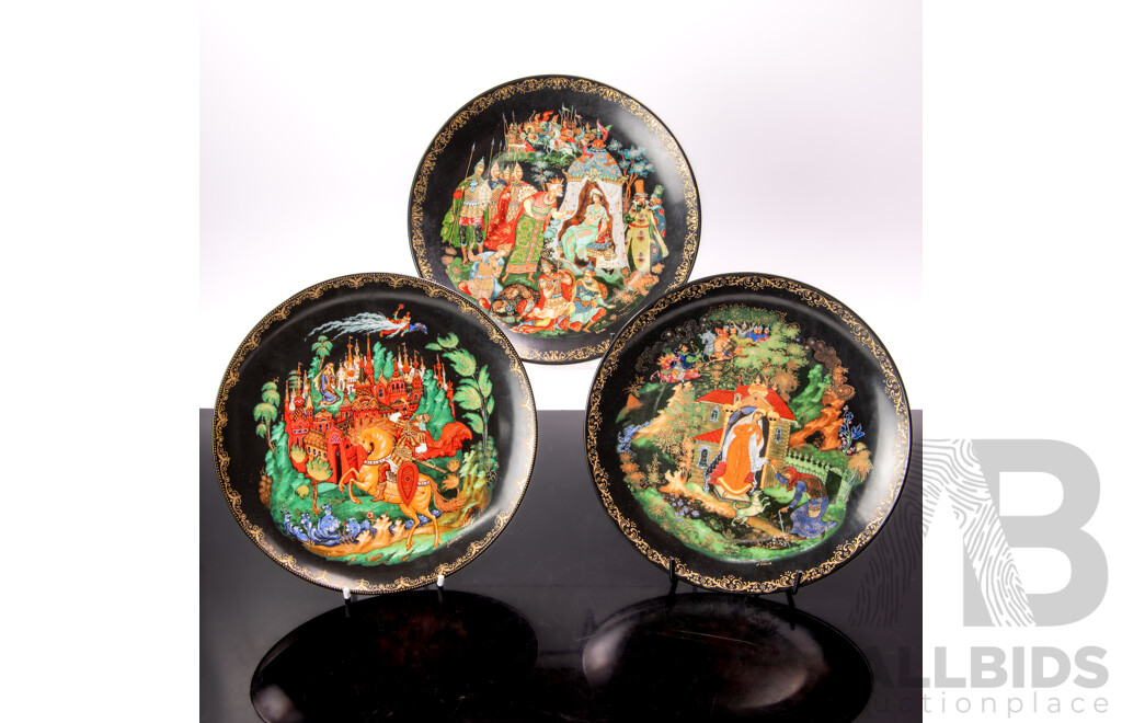 Set Three Limited Edition Hand Painted Russian Palekh Village Porcelain Display Cabinet Plates with Fairy Tale Scenes by Bradex