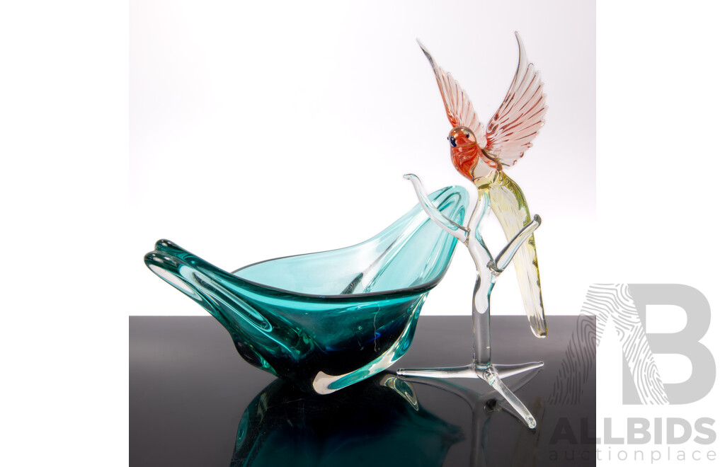 Mid Century Italian Murano Glass Winged Bowl with Blue Sommerso Colour Along with Murano Art Glass Bird