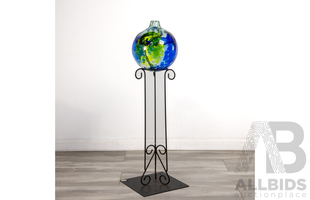 Impressive Canadian Studio Art Glass Sculptural Vase with Organic Internal Detail by Kitras Glass on Bespoke Metal Stand