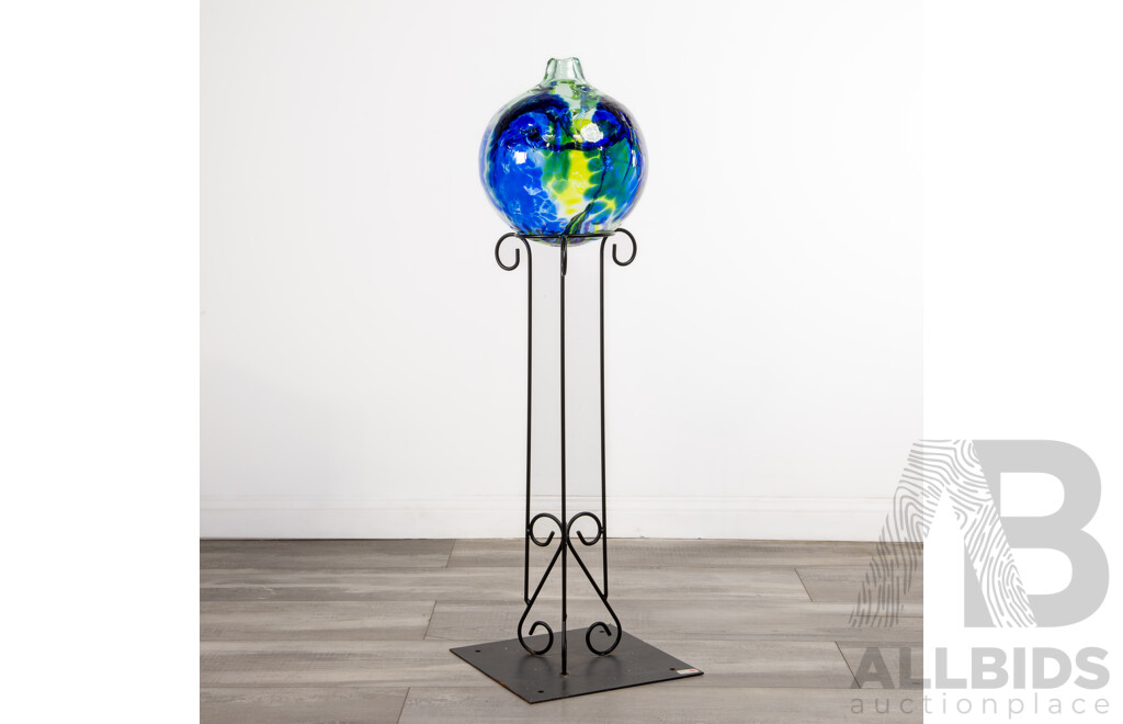 Impressive Canadian Studio Art Glass Sculptural Vase with Organic Internal Detail by Kitras Glass on Bespoke Metal Stand