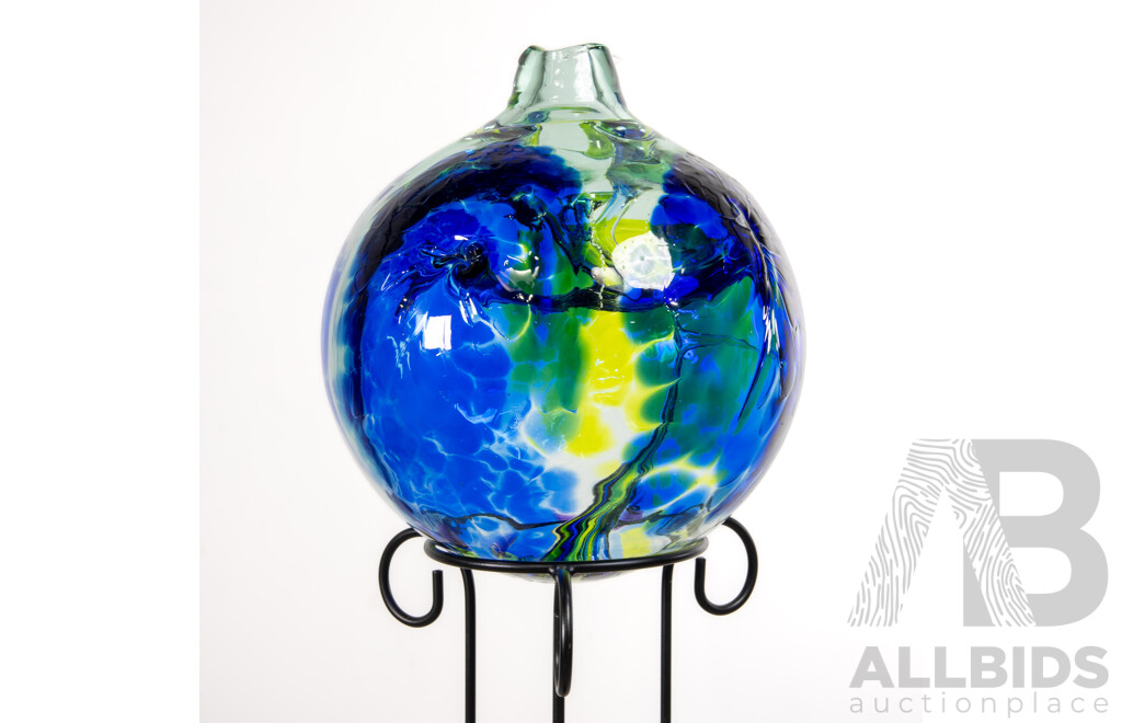 Impressive Canadian Studio Art Glass Sculptural Vase with Organic Internal Detail by Kitras Glass on Bespoke Metal Stand