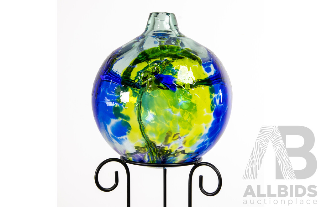 Impressive Canadian Studio Art Glass Sculptural Vase with Organic Internal Detail by Kitras Glass on Bespoke Metal Stand