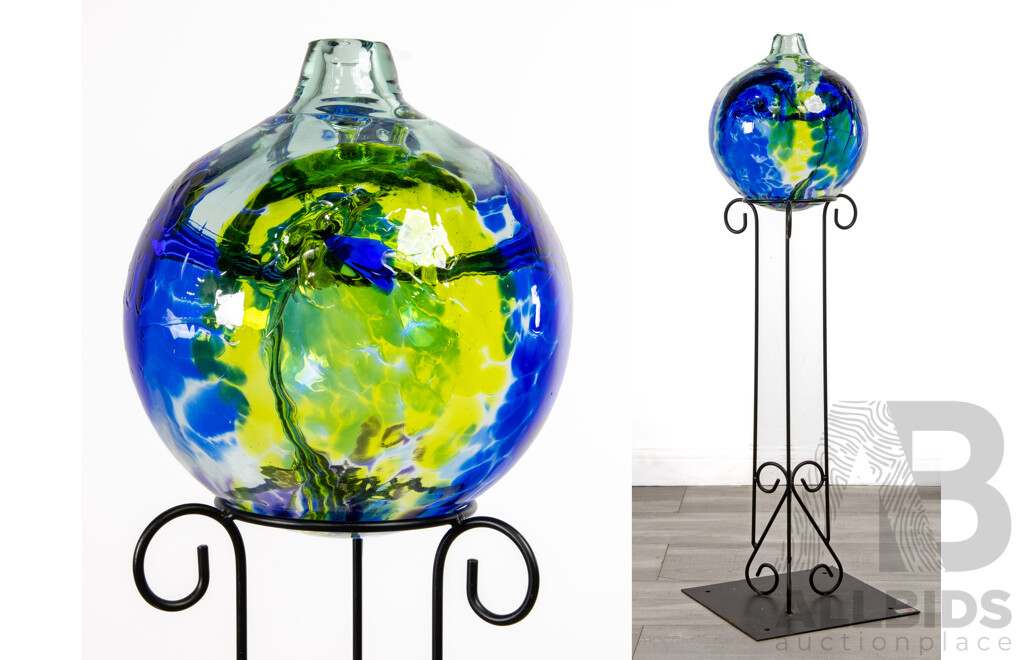 Impressive Canadian Studio Art Glass Sculptural Vase with Organic Internal Detail by Kitras Glass on Bespoke Metal Stand