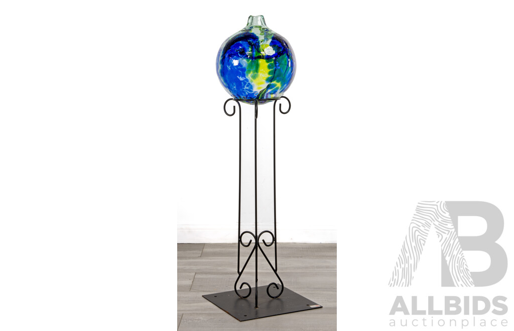 Impressive Canadian Studio Art Glass Sculptural Vase with Organic Internal Detail by Kitras Glass on Bespoke Metal Stand