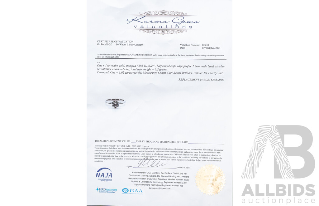 14ct White Gold 1.02ct Diamond Solitaire Engagement Ring, Size 3.34 Grams