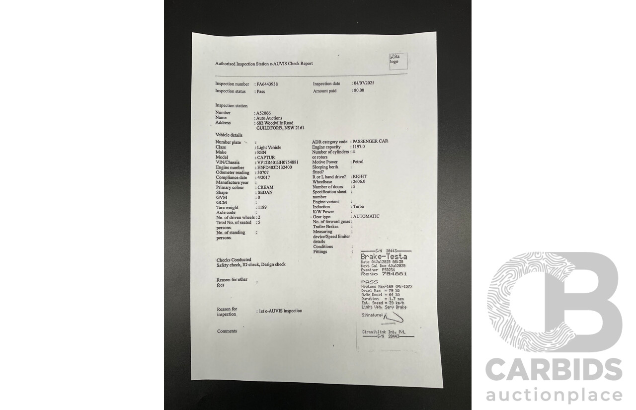 04/2017 Renault Captur Expression (FWD) J87 4d Wagon Ivory White/Diamond Black Turbo 1.2L