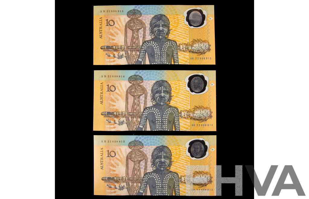 Three Australian 1988 Ten Dollar Notes, Johnston/Fraser Bicentennial Consecutive AB 22658813 - AB 22658815