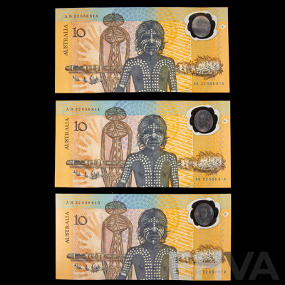 Three Australian 1988 Ten Dollar Notes, Johnston/Fraser Bicentennial Consecutive AB 22658813 - AB 22658815