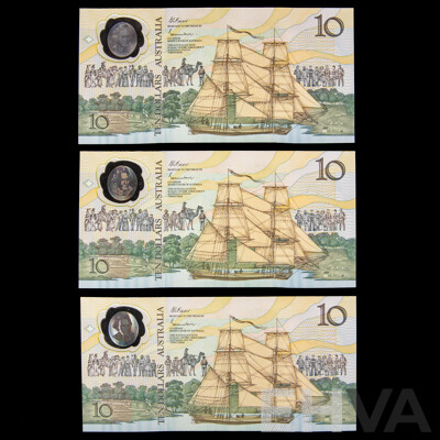 Three Australian 1988 Ten Dollar Notes, Johnston/Fraser Bicentennial Consecutive AB 22658813 - AB 22658815
