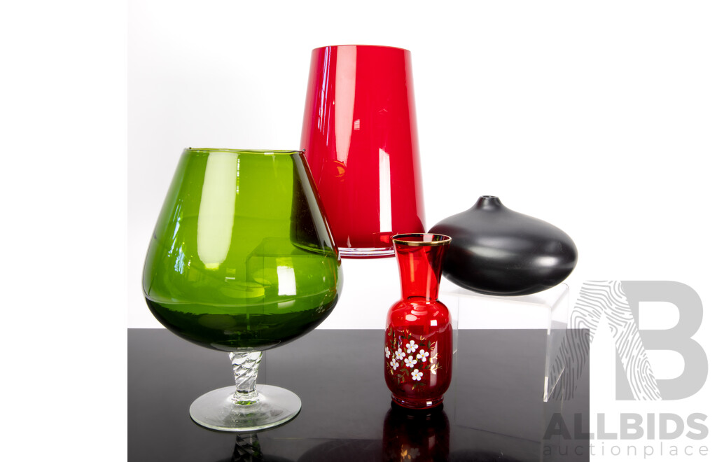 Collection Decorator Pieces Including Red Villeroy & Boch Glass Vase, Ceramic Vase in the Style of Georges Jouve, Gaint Green Glass Brandy Balloon and More