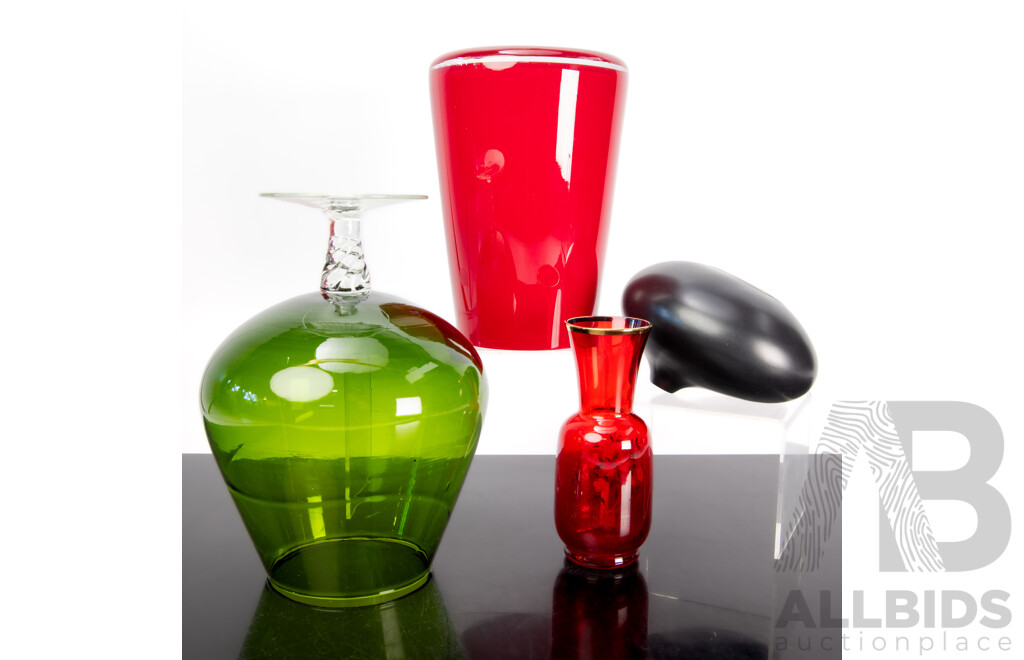 Collection Decorator Pieces Including Red Villeroy & Boch Glass Vase, Ceramic Vase in the Style of Georges Jouve, Gaint Green Glass Brandy Balloon and More