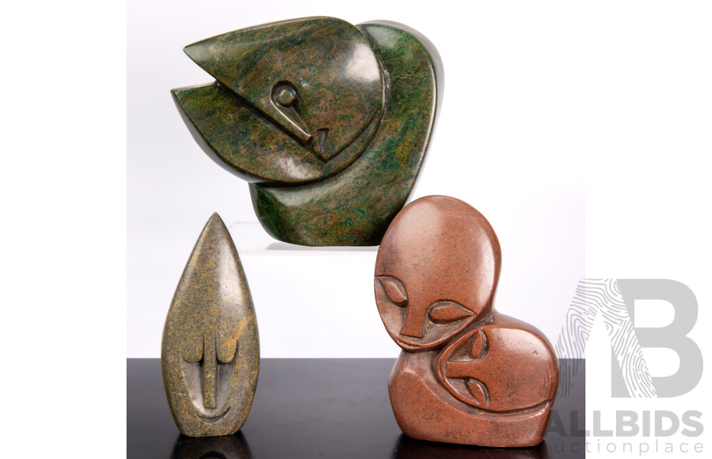 Collection Three Hand Carved African Shona Stone Sculptures Including Green Mineral Verdite Example by Cloud Mapete