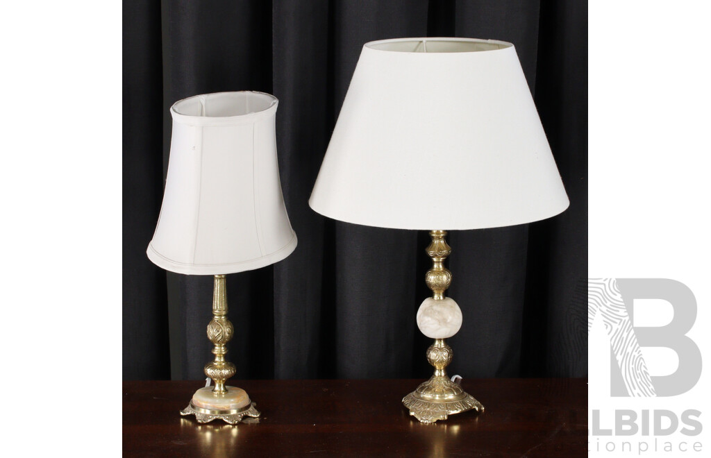 Unmatched Pair of Brass and Travertine Table Lamps