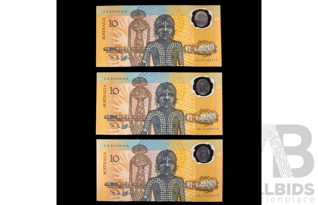 Three Australian 1988 Ten Dollar Notes, Johnston/Fraser Bicentennial Consecutive AB 22658813 - AB 22658815
