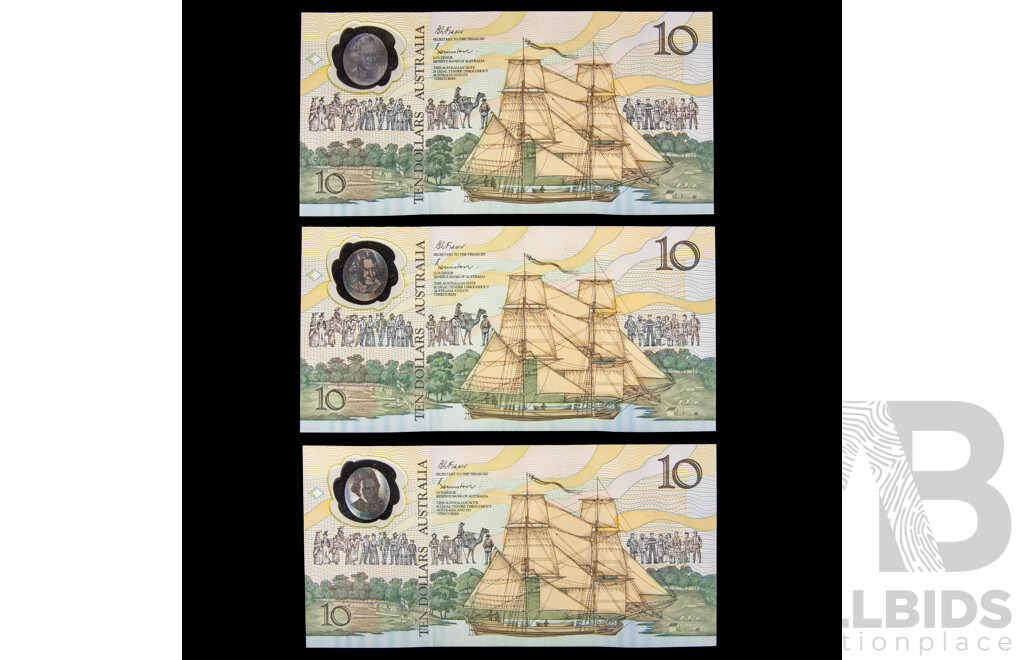 Three Australian 1988 Ten Dollar Notes, Johnston/Fraser Bicentennial Consecutive AB 22658813 - AB 22658815