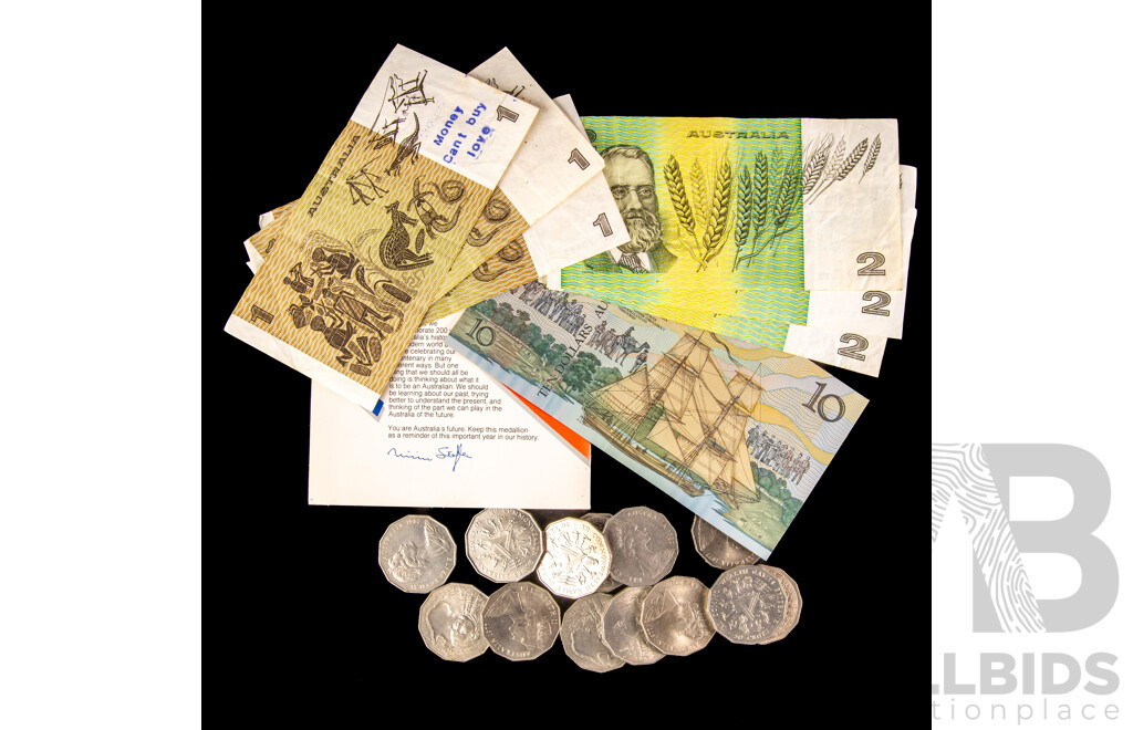 Australian 1988 Ten Dollar Note, Johnston/Fraser Bicentennial Ab 1851649, Three 1985 Two Dollar Notes, Johnston/Fraser, Three 1982 One Dollar Notes Johnston/Stone ......