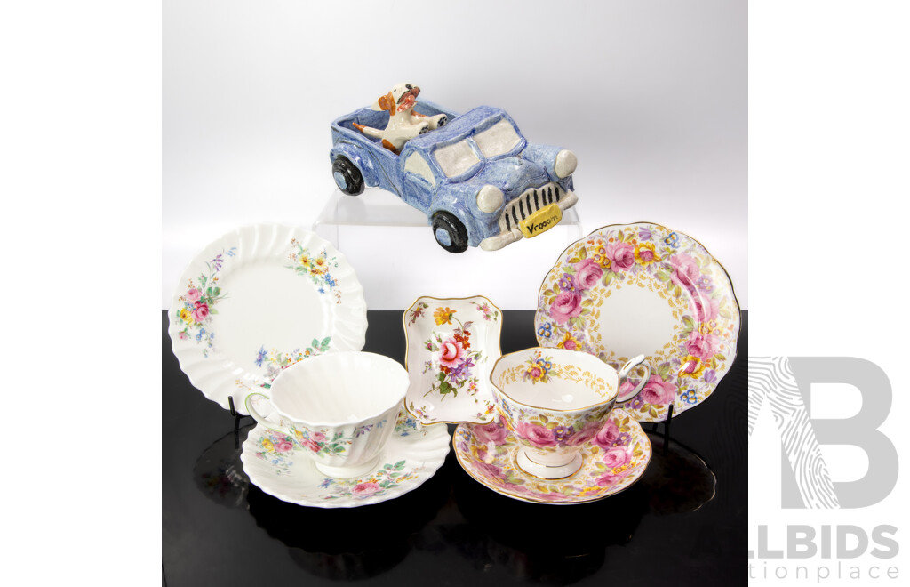 Retro Australian Studio Pottery Ute with Doggie by Louise Purcell, Carcoar Pottery Along with Royal Albert Trio, Royal Doulton Trio and Royal Crown Derby Posies Dish