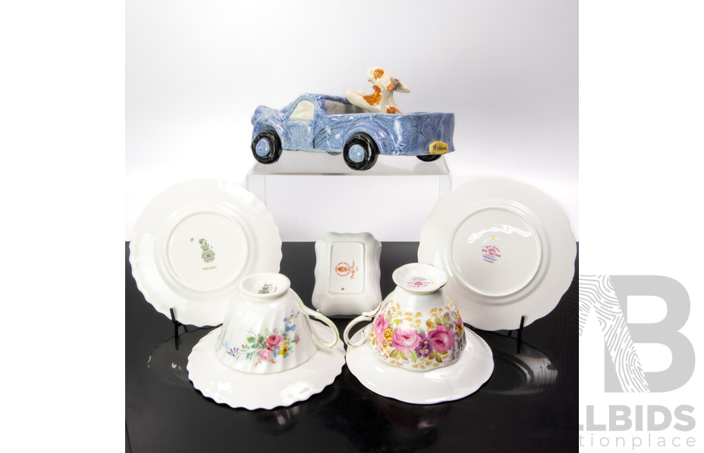 Retro Australian Studio Pottery Ute with Doggie by Louise Purcell, Carcoar Pottery Along with Royal Albert Trio, Royal Doulton Trio and Royal Crown Derby Posies Dish