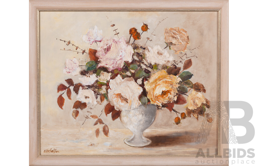 G. Nicholson, (20th Century), Still Life - Roses in White Vase, Wonderful Original Oil on Board, 45.5 x 55 cm (frame)