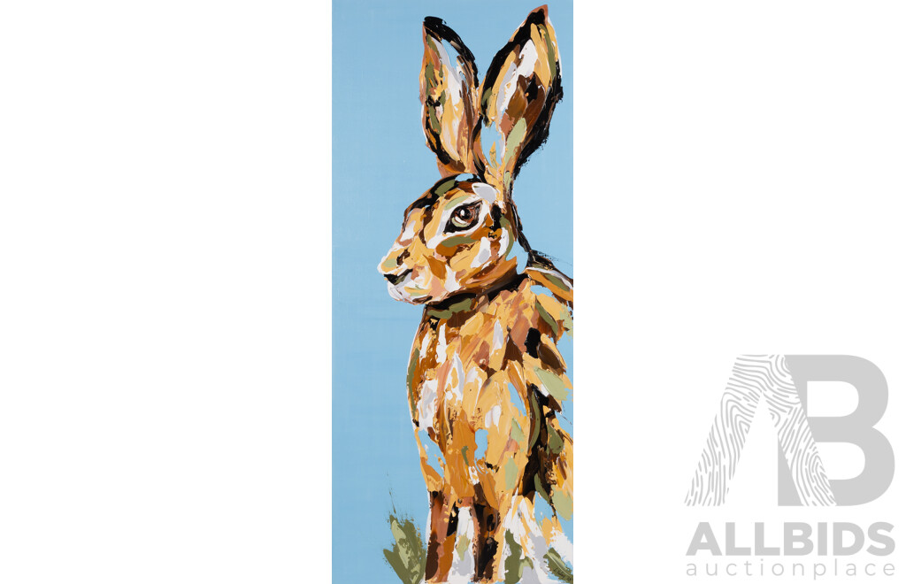 Lisa Fahey, (20th Century, Australian), Hare on Blue (2018), Fabulous Original Oil on Canvas, 91 x 38 cm