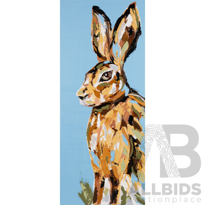 Lisa Fahey, (20th Century, Australian), Hare on Blue (2018), Fabulous Original Oil on Canvas, 91 x 38 cm
