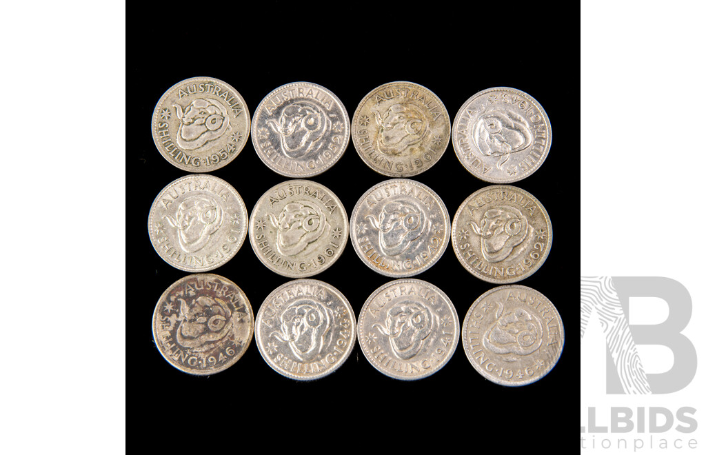 Australian Silver Shilllings, 1941, 1942, 1943, 1944, 1946(2) 1952, 1954, 1961(3) 1962