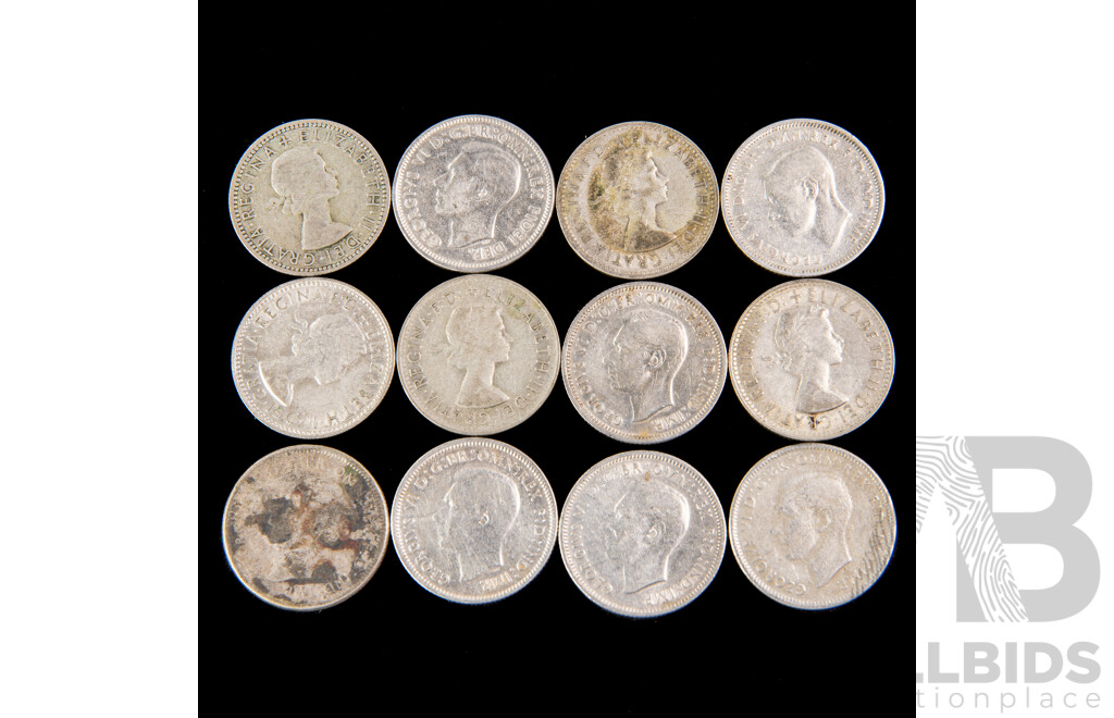Australian Silver Shilllings, 1941, 1942, 1943, 1944, 1946(2) 1952, 1954, 1961(3) 1962