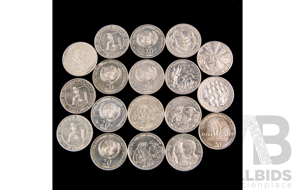 Australian Commemorative Twenty Cent Coins Including 2001 Federation, Bradman, 2005 Coming Home, 1995 UN 50th Anniversary, 2003 Volunteers