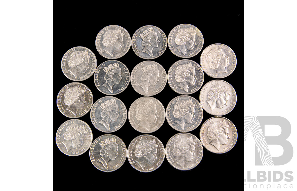 Australian Commemorative Twenty Cent Coins Including 2001 Federation, Bradman, 2005 Coming Home, 1995 UN 50th Anniversary, 2003 Volunteers