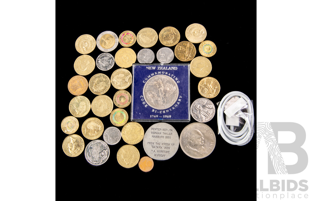 Australian Commemorative One and Two Dollar Commemorative Coins, Examples Spanning 1986 to 2020,  UK 1965 Churchill Crown, NZ 1969 One Dollar, Cook, German Pewter Replica Thaler