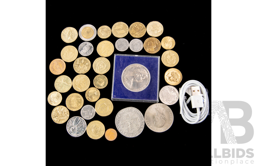 Australian Commemorative One and Two Dollar Commemorative Coins, Examples Spanning 1986 to 2020,  UK 1965 Churchill Crown, NZ 1969 One Dollar, Cook, German Pewter Replica Thaler