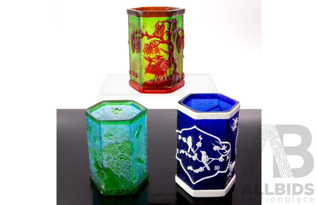 Collection Three Chinese Peking Hexagonal Overlay Carved Glass Brush Washers