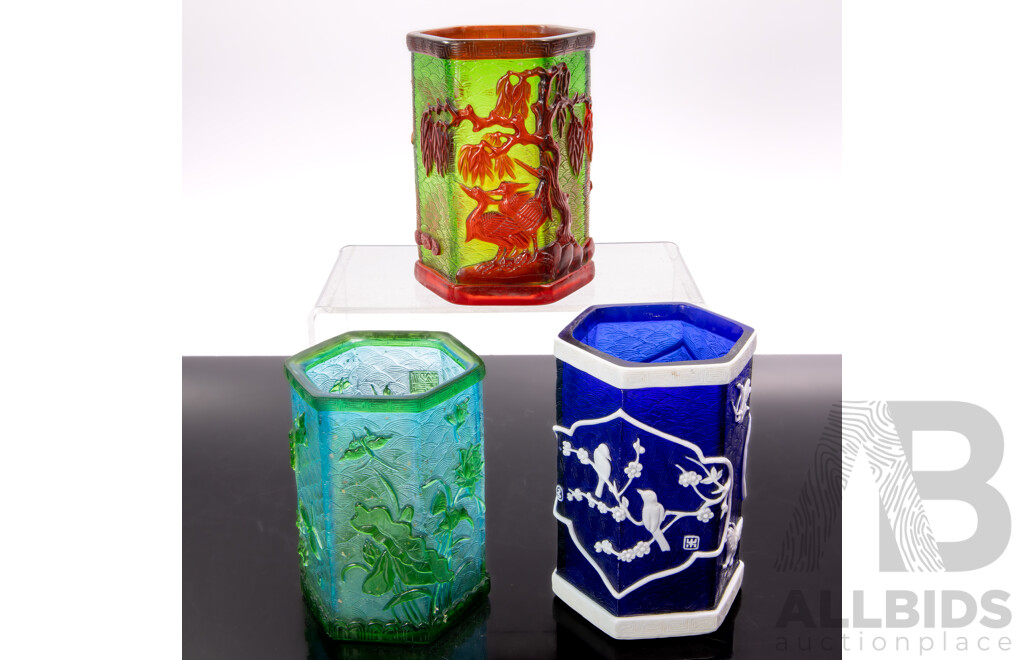 Collection Three Chinese Peking Hexagonal Overlay Carved Glass Brush Washers