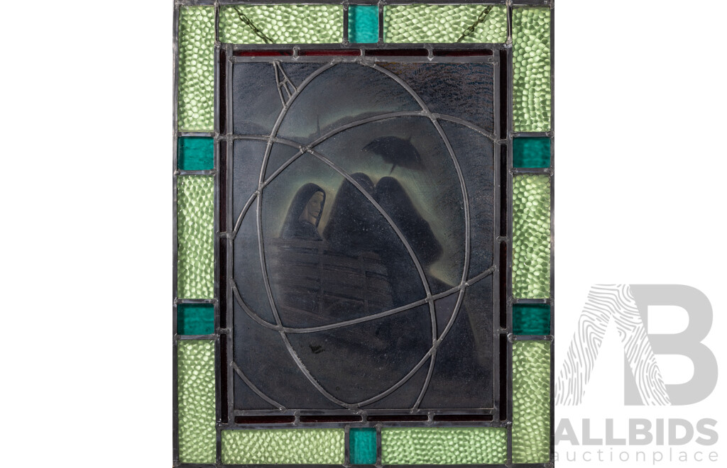 Vintage Leadlight Panel with Seated Nuns