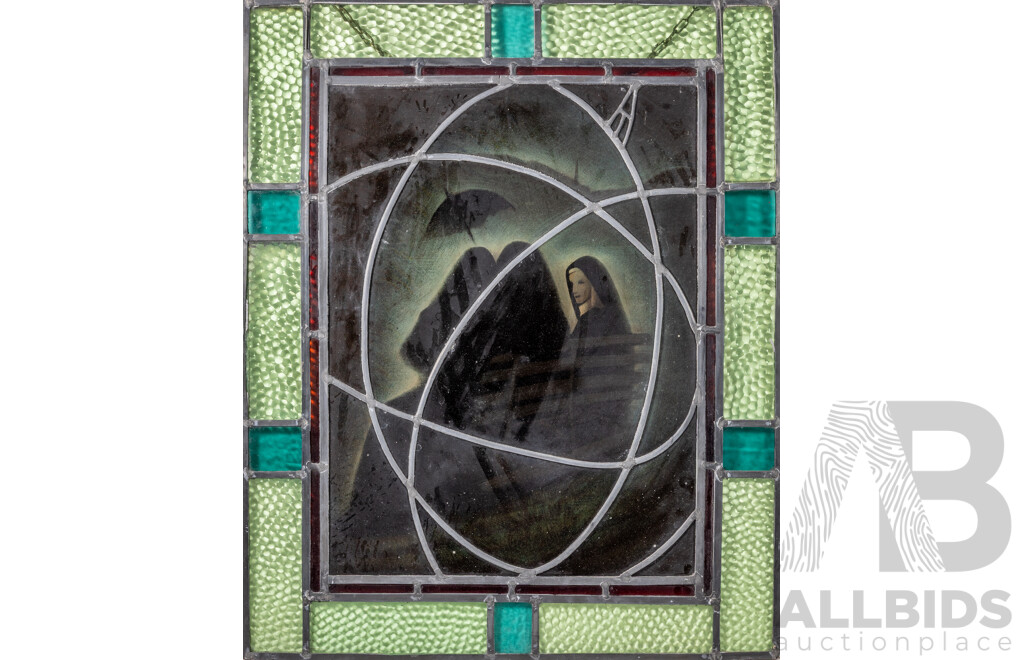 Vintage Leadlight Panel with Seated Nuns