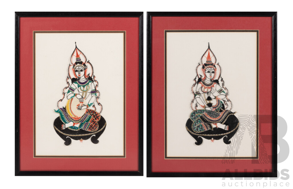 Artist Unknown (Thai School), Pair of Wonderful Vintage Nang Yai Shadow Puppets, Coloured Pigments on Buffalo Hide, 38 x 30 cm (frame) (2)