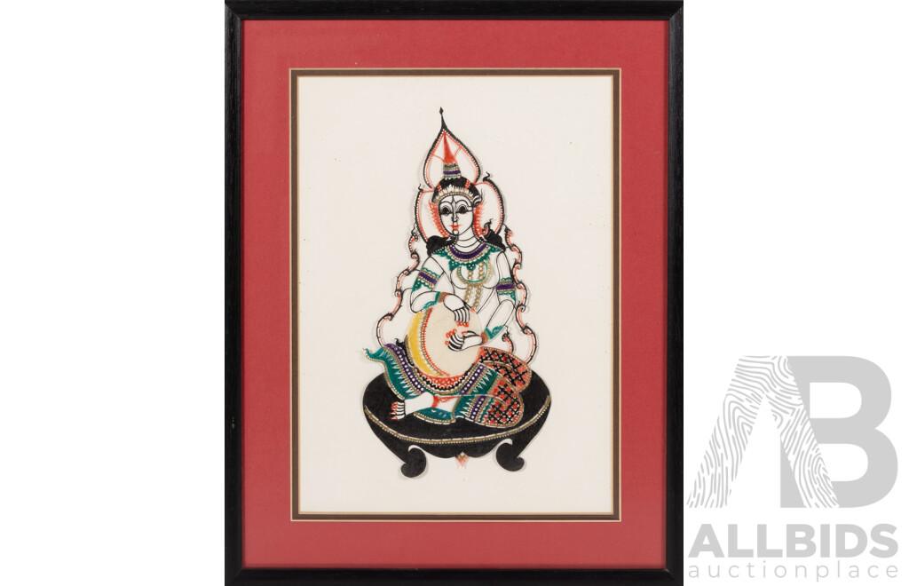 Artist Unknown (Thai School), Pair of Wonderful Vintage Nang Yai Shadow Puppets, Coloured Pigments on Buffalo Hide, 38 x 30 cm (frame) (2)