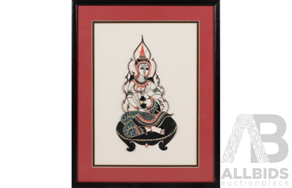 Artist Unknown (Thai School), Pair of Wonderful Vintage Nang Yai Shadow Puppets, Coloured Pigments on Buffalo Hide, 38 x 30 cm (frame) (2)