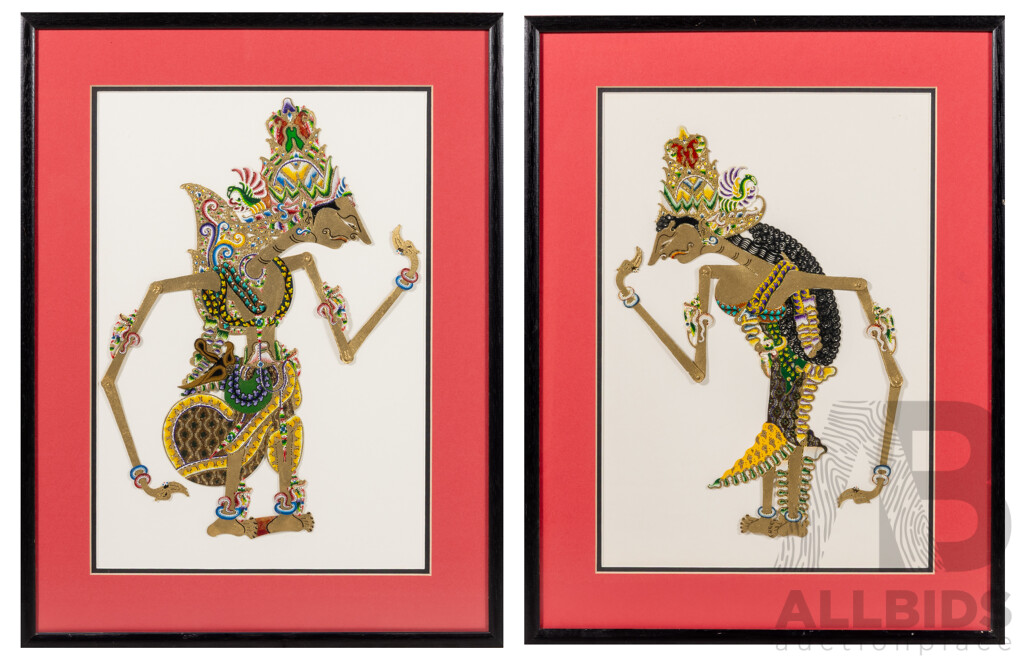 Artist Unknown (Indonesian School), Pair of Wonderful Vintage Indonesian Wayang Kulit Shadow Puppets, Pigment on Ox Hide, 47 x 36 cm (frames) (2)