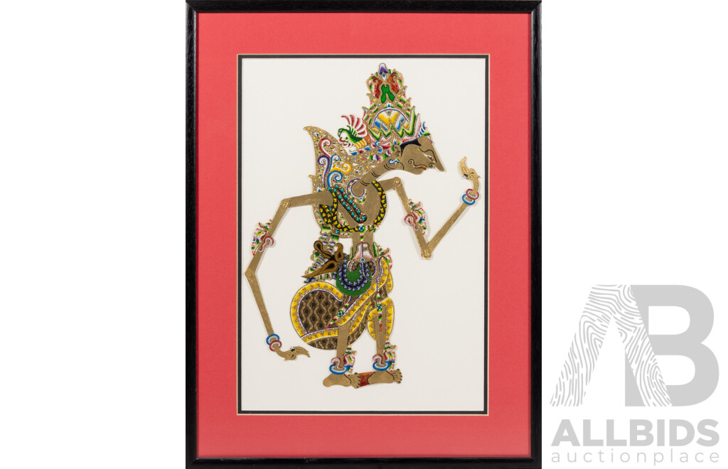 Artist Unknown (Indonesian School), Pair of Wonderful Vintage Indonesian Wayang Kulit Shadow Puppets, Pigment on Ox Hide, 47 x 36 cm (frames) (2)