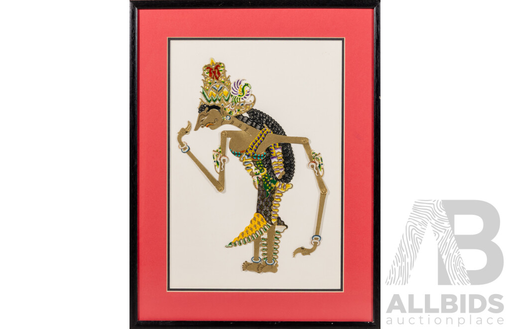 Artist Unknown (Indonesian School), Pair of Wonderful Vintage Indonesian Wayang Kulit Shadow Puppets, Pigment on Ox Hide, 47 x 36 cm (frames) (2)