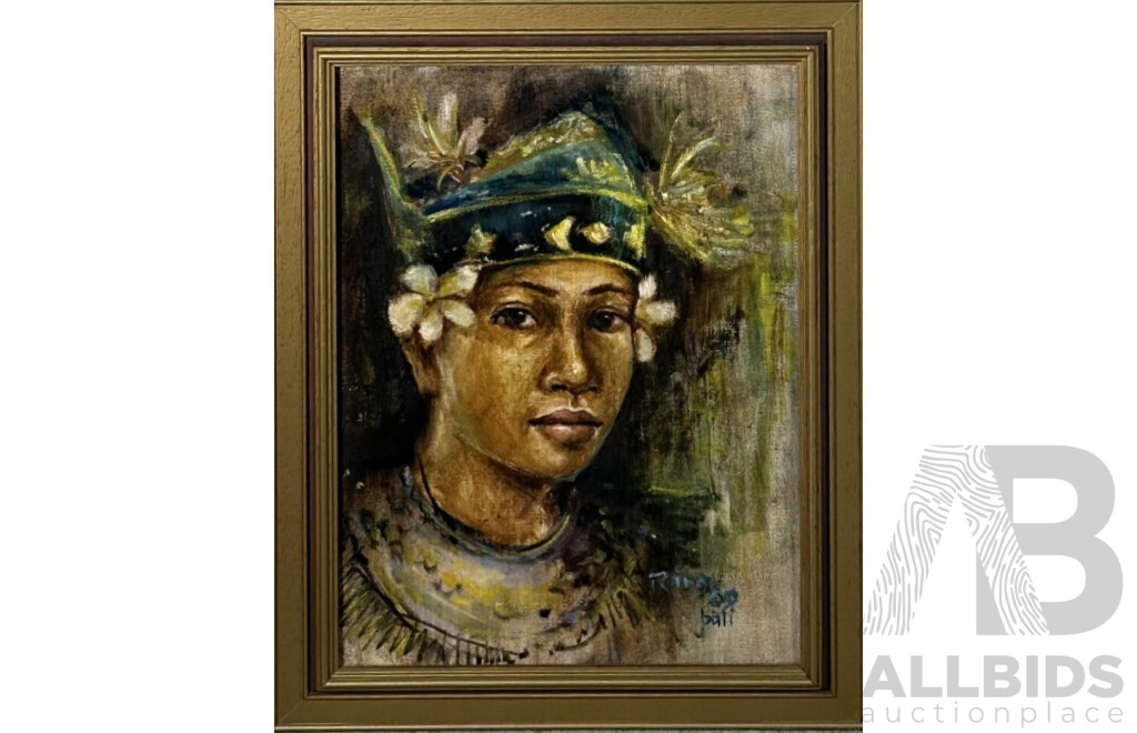 Bing (20th Century, Balinese, Working c1960s), Portrait of Girl in Head Dress, Vintage Oil on Canvas Board, 47.5 x 37.5 cm (frame)