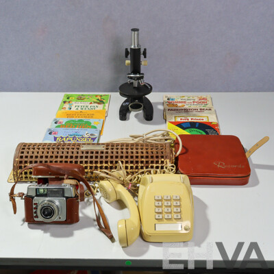 Collection Vintage & Other Items Including Telephone, Microscope, 7 Inch Singles Bag with Disney Records, Hanimex Camera and More