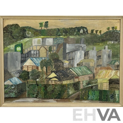 Hiromi Namazuki, (20th Century, Japanese), City View to Mountains, Yokosuka City International Drawing Exchange, Original Vintage Mixed Media Oil on Board, 41 X 57 Cm (frame)