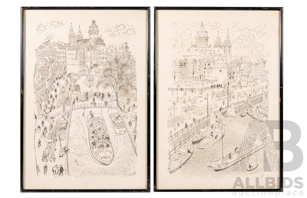 les Spreekmeester (20th Century, Dutch, 1914-2000), The Weeping Tower (4) & A Canal (2), Vintage Print Copies of Original Pen Drawings, 57.5 x 40 cm (frames) (2)
