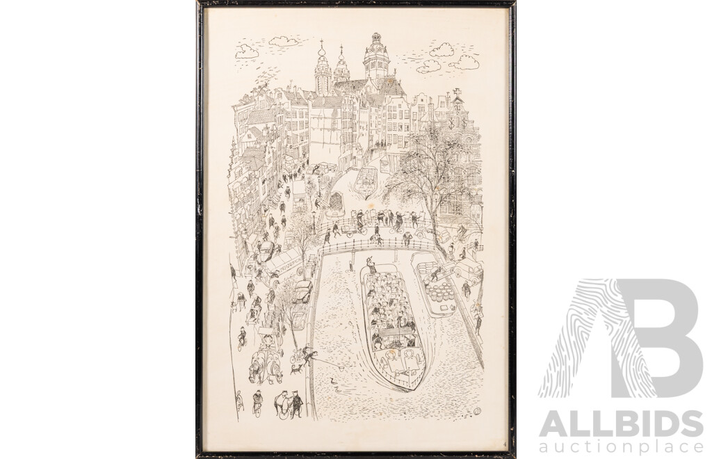 les Spreekmeester (20th Century, Dutch, 1914-2000), The Weeping Tower (4) & A Canal (2), Vintage Print Copies of Original Pen Drawings, 57.5 x 40 cm (frames) (2)